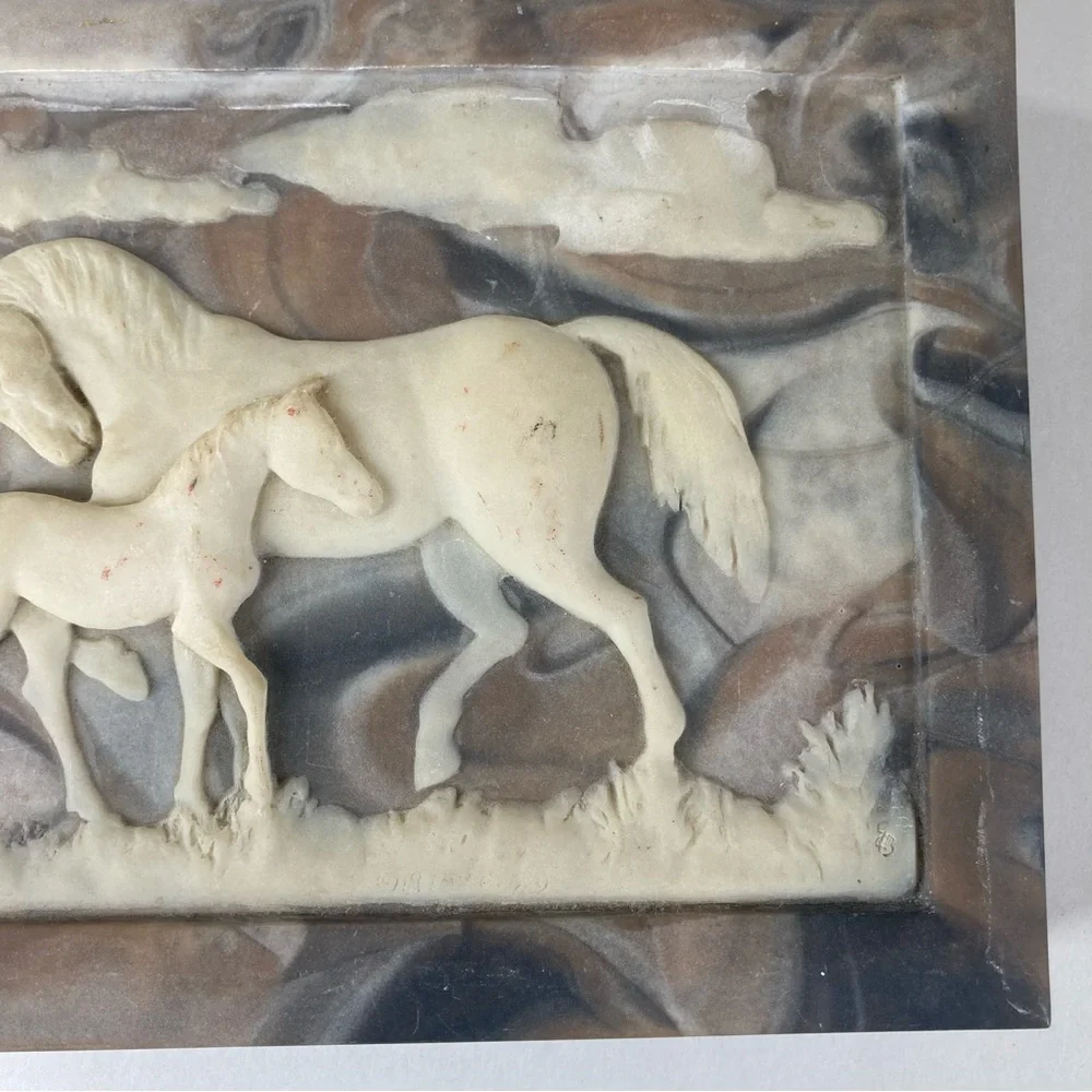 Incolay Stone Jewelry Box Vintage Dante Carved USA Made Horses American Walnut